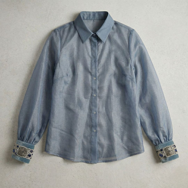 Blue-Gray Organza Blouse with Sermeh-Doozi