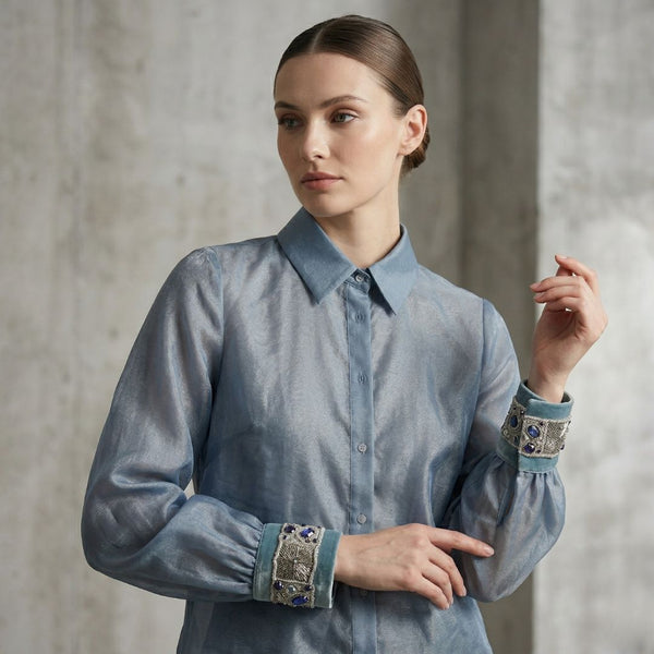 Blue-Gray Organza Blouse with Sermeh-Doozi