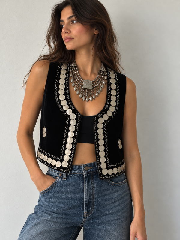 Black Velvet Vest with Pahlavi Coins