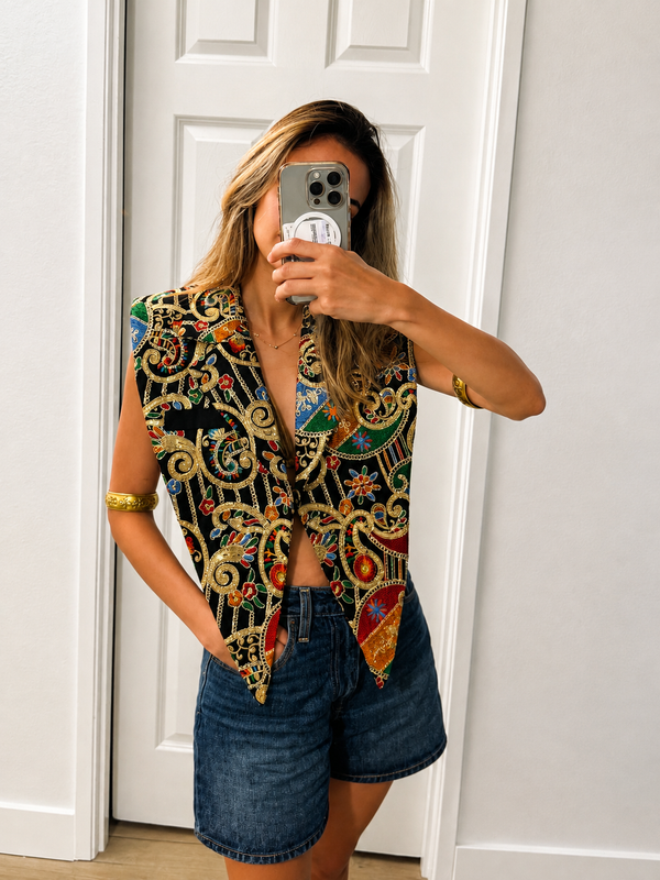 Black & Gold Floral Collar Vest