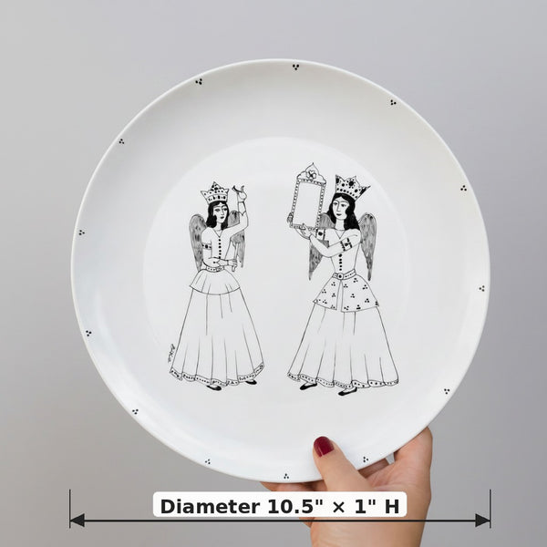 Black Hand-Painted Qajar Angels Plate — dimensions: Diameter 10.5" × 1" H