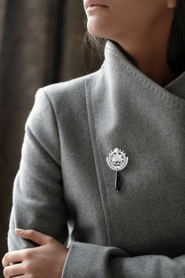 Lion & Sun Silver Brooch with Pearl-Onyx