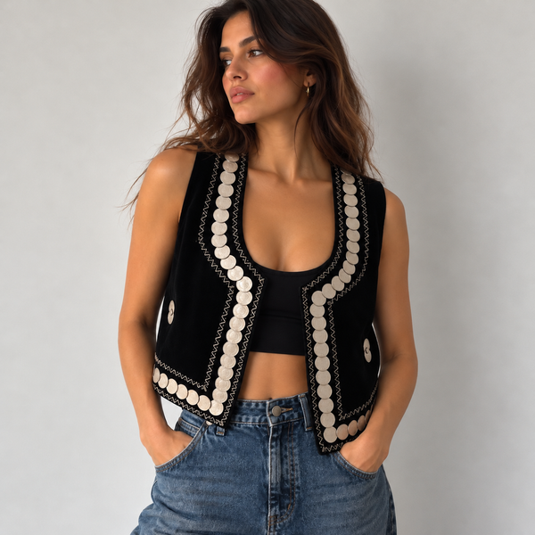 Black Velvet Vest with Pahlavi Coins