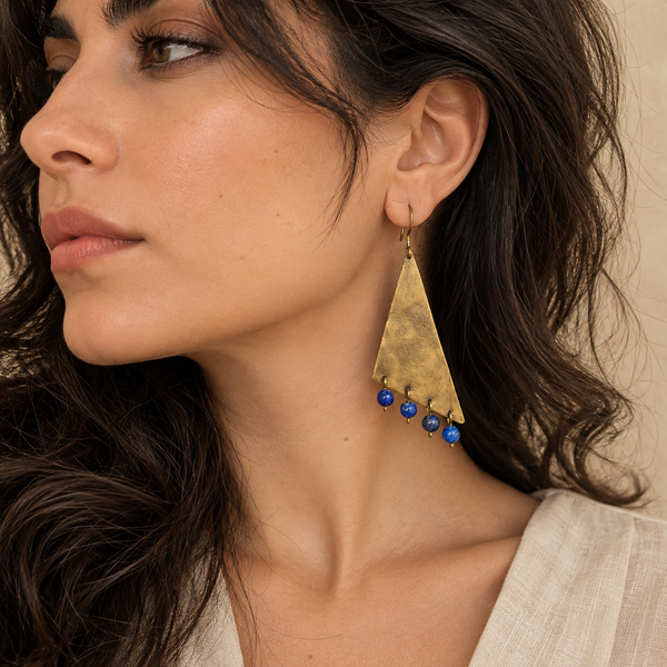 Asymmetrical Triangle Brass Earrings with Lapis Lazuli Drops