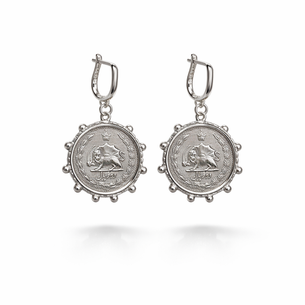 Pahlavi Coin Sun Silver Earrings