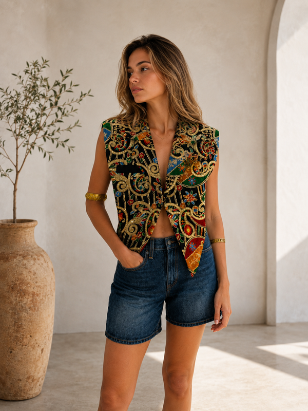 Black & Gold Floral Collar Vest
