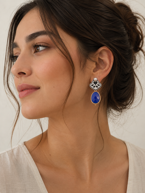 Silver Heart Earrings with Agate & Pearl
