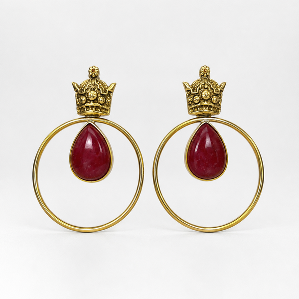 Large Circle Crown Brass Earrings with Red Stone