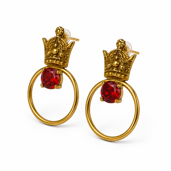 Circle Golden Crown Brass Earrings with Gems
