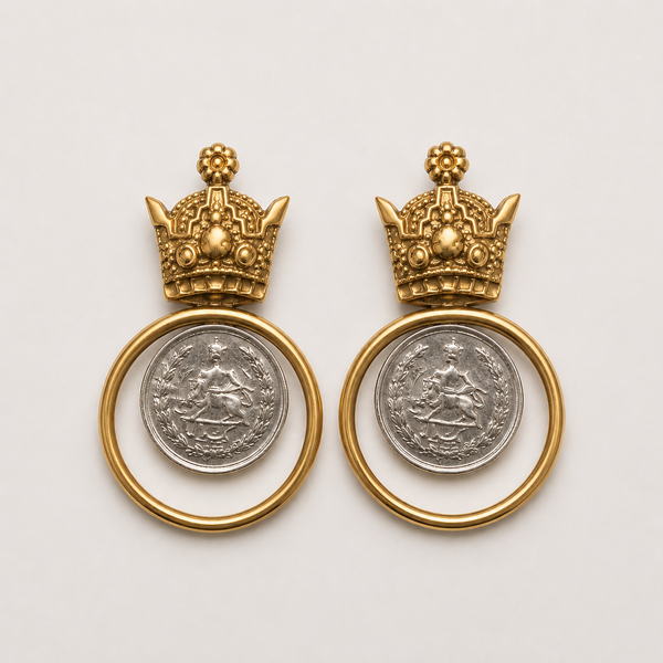 Circle Golden Crown Brass Earrings with Pahlavi Coins