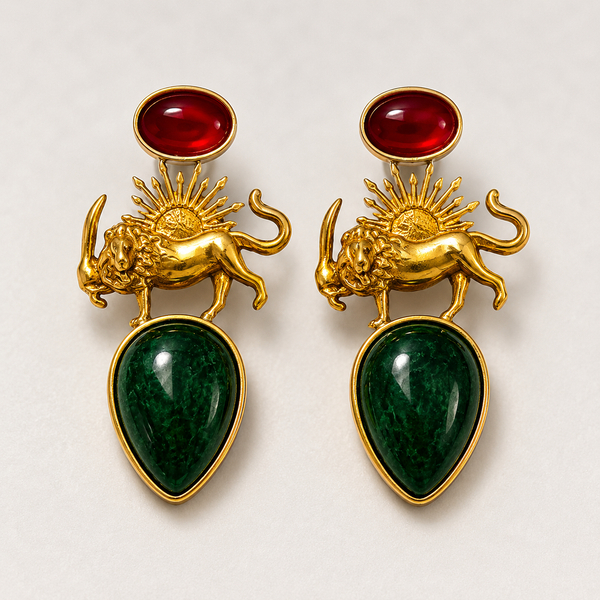 Shirokhorshid Brass Earrings with Red & Green Gems