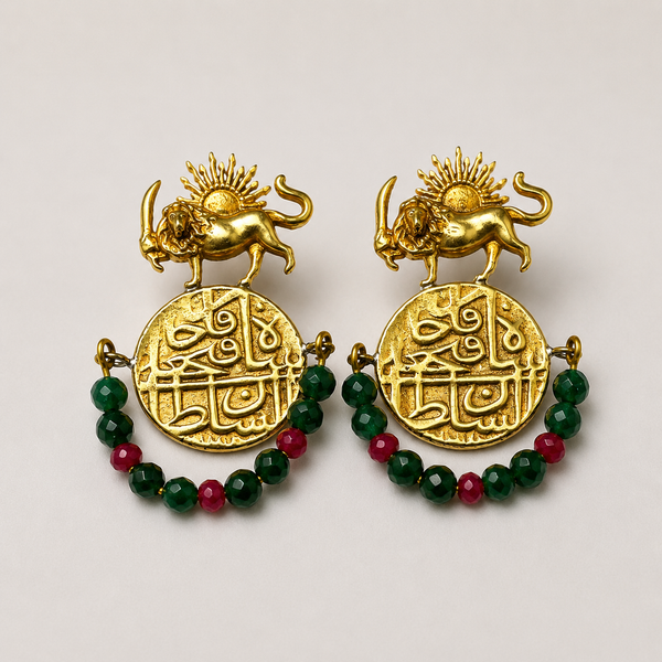 Calligraphy Shirokhorshid Earrings with Red & Green Gems