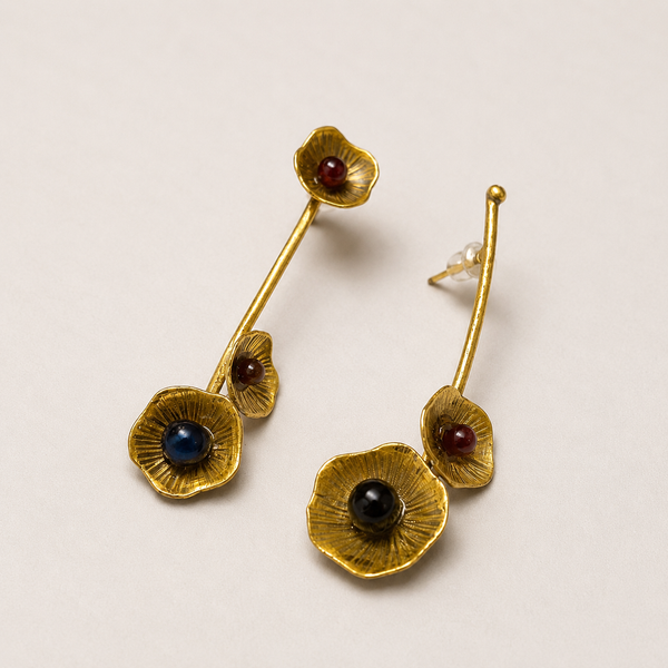 Asymmetrical Midnight Garden Brass Earrings with Gems