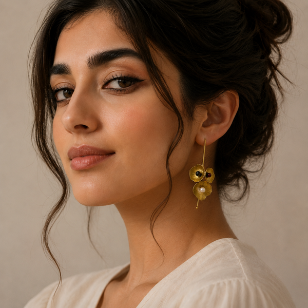 Asymmetrical Flower Garden Brass Earrings with Gems