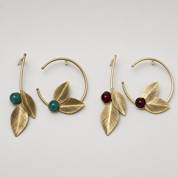 Asymmetrical Leaves Brass Earrings with Gem