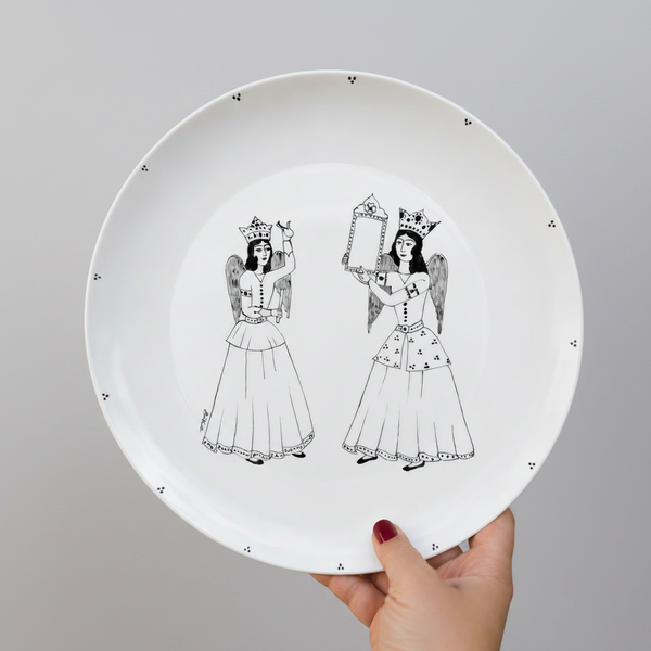 Black Hand-Painted Qajar Angels Plate
