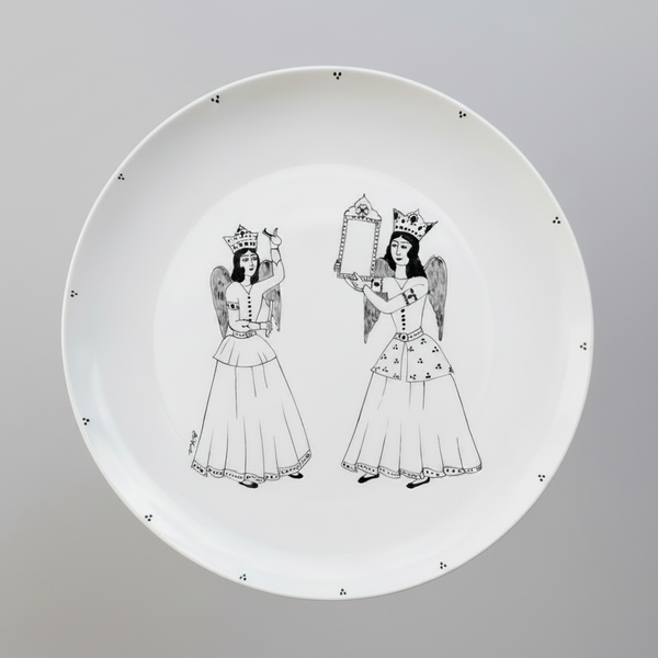 Black Hand-Painted Qajar Angels Plate