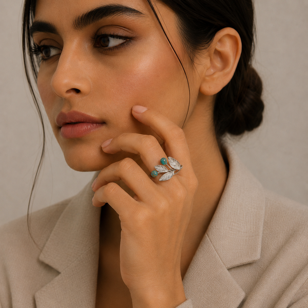 Silver Leaves Ring with Turquoise