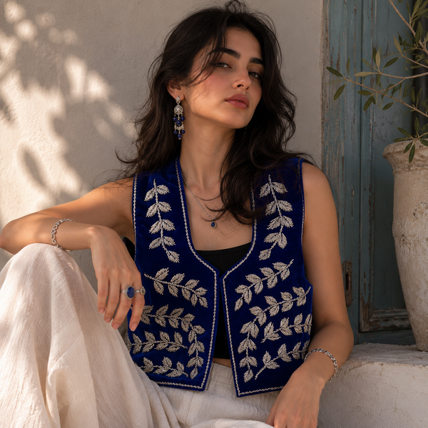 Blue Silver Leaves Hand Beaded Vest