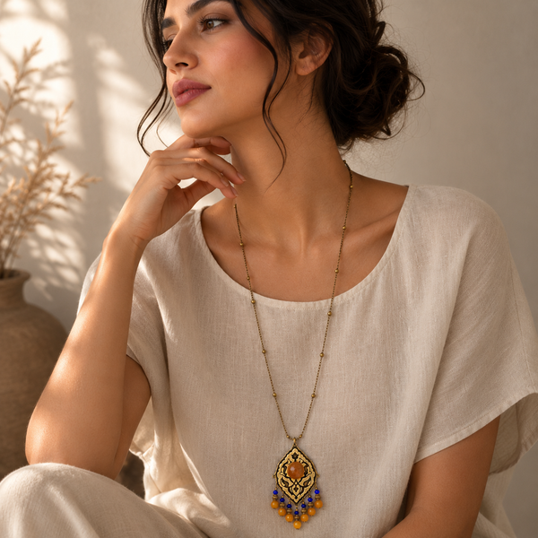 Persian Motif Brass Long Necklace