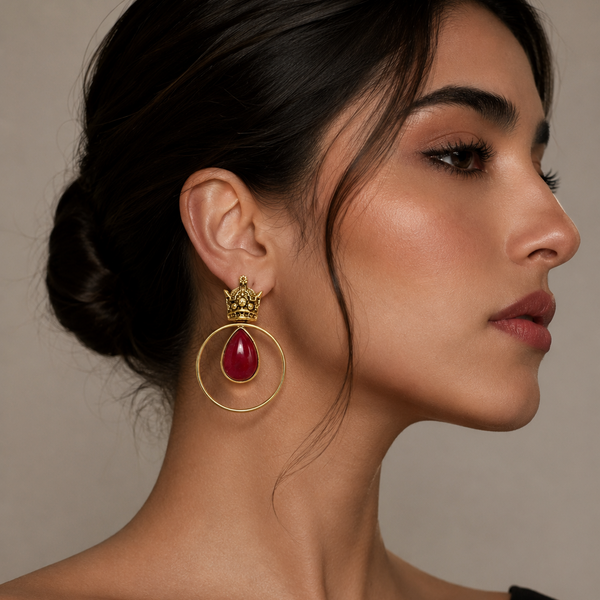 Large Circle Crown Brass Earrings with Red Stone