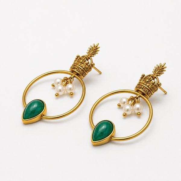 Large Crown Brass Earrings with Green Stone & Pearls