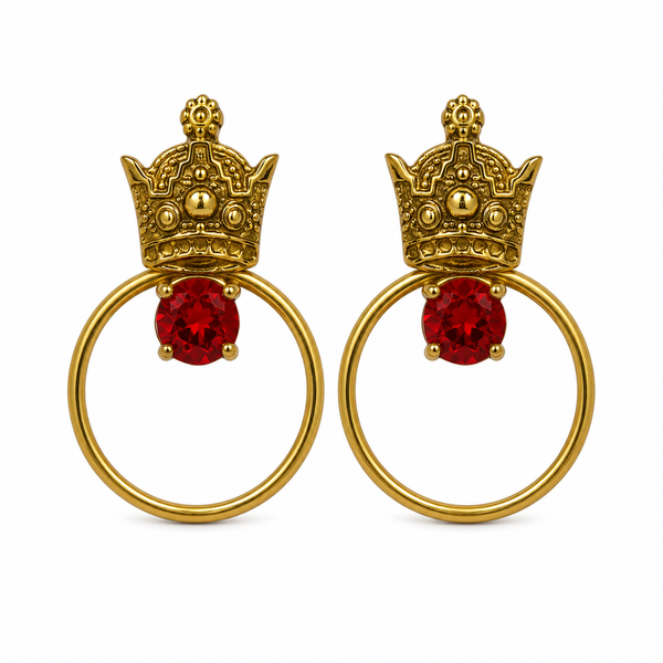 Circle Golden Crown Brass Earrings with Gems
