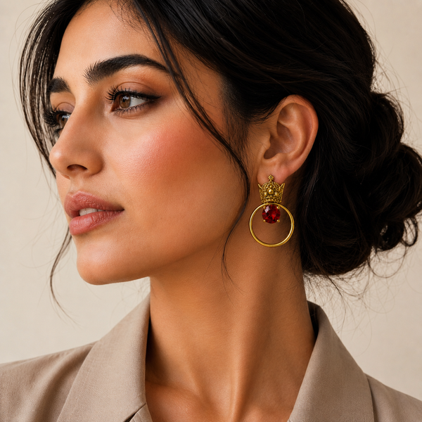 Circle Golden Crown Brass Earrings with Gems