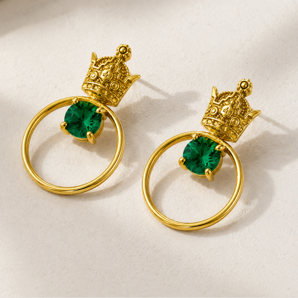 Circle Golden Crown Brass Earrings with Gems
