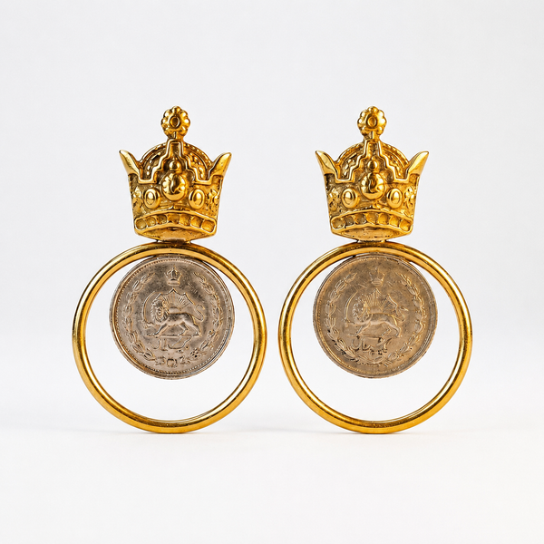 Circle Golden Crown Brass Earrings with Pahlavi Coins