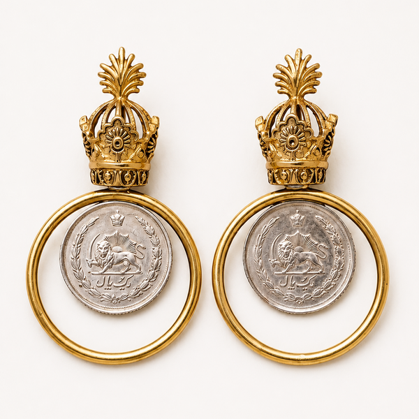 Circle Golden Crown Brass Earrings with Pahlavi Coins