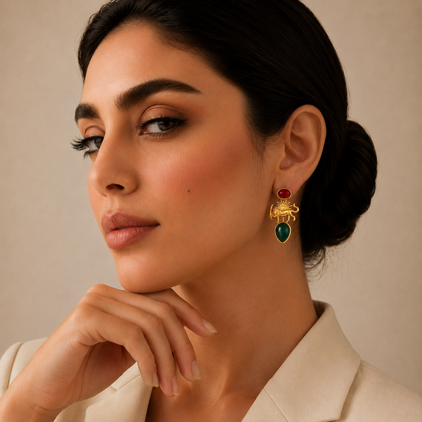 Shirokhorshid Brass Earrings with Red & Green Gems