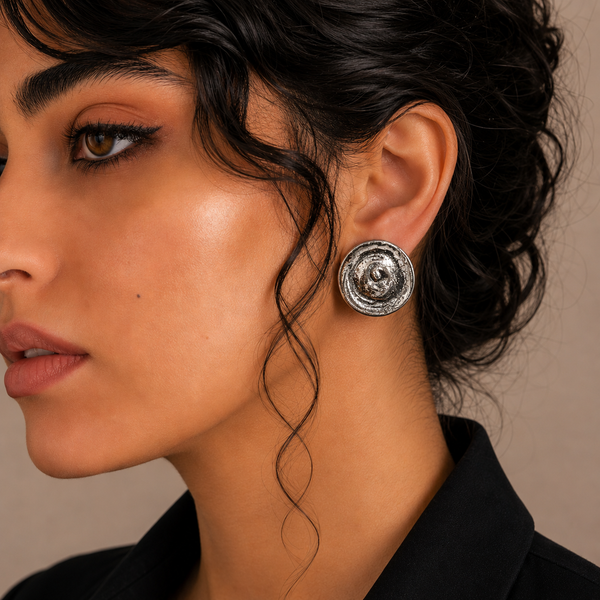 Silver Spiral Round Ceramic Earrings