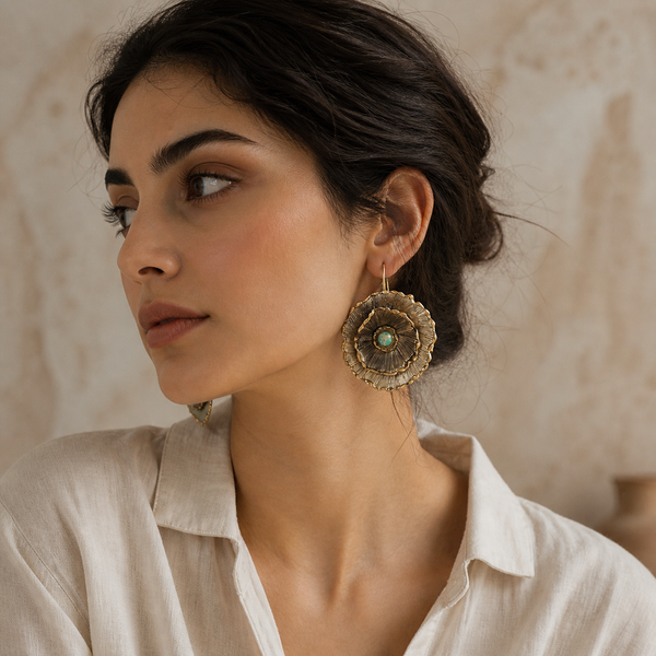 Large Brass Flower Earrings with African Turquoise