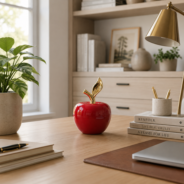 Red Ceramic Apple with Gold-Colored Leaf