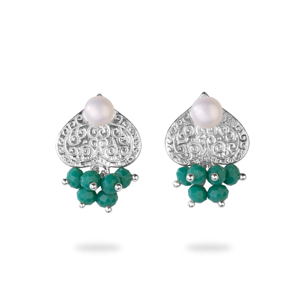 Silver Handmade Engraved Modern Pearl Earrings