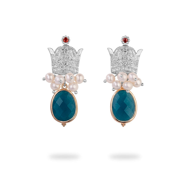 Silver Crown Earrings with Freshwater Pearls and Drop Agate
