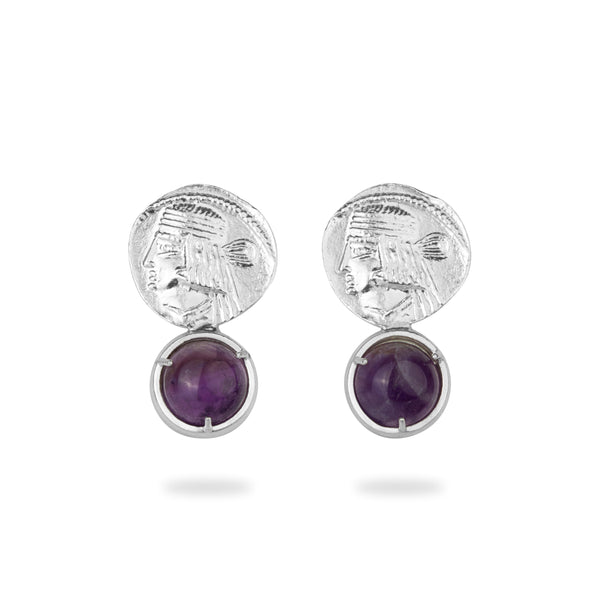 Silver Persian Sasani Soldier Earrings with Amethyst