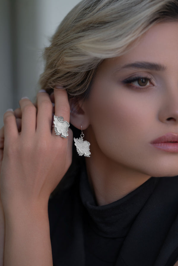 Silver Iran Map Ring, Necklace & Earrings