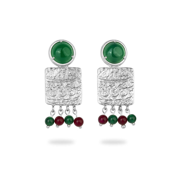 Silver Square Stud Earrings with green and Red Agate