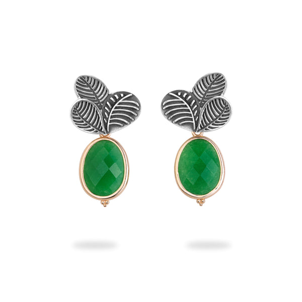 Silver Fig Leaf Earrings with Green Agate