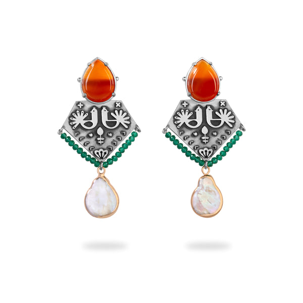 Silver Folk Art Statement Earrings with Agate & Pearl