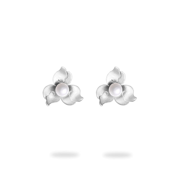 Silver Flower Stud Earrings with Pearl