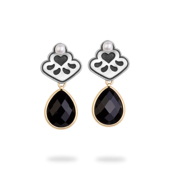 Silver Heart Earrings with Agate & Pearl