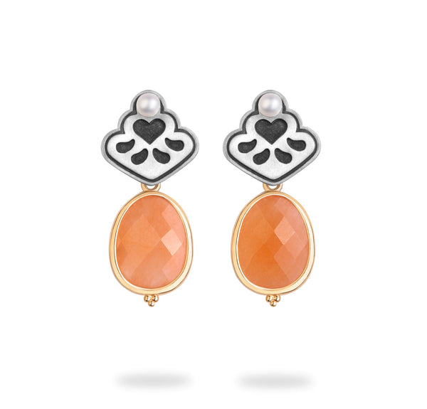 Silver Heart Earrings with Agate & Pearl