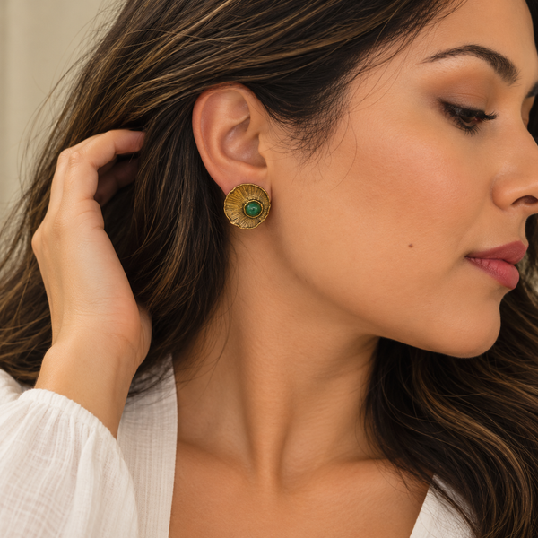 Bloom Brass Earrings with Green Agate
