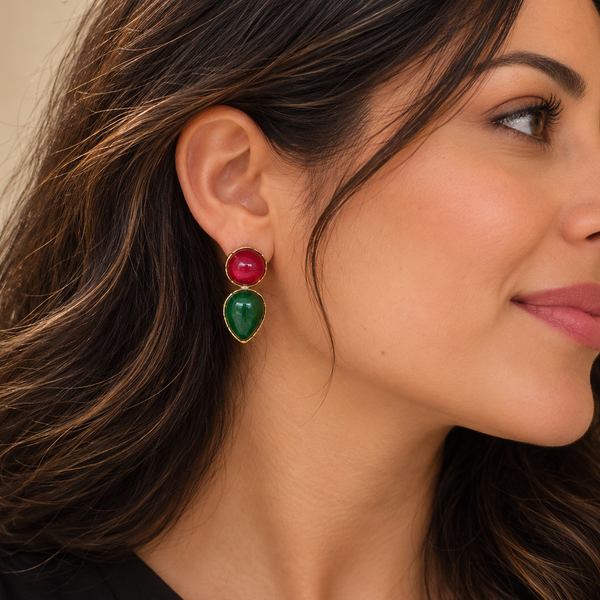 Asymmetrical Red & Green Brass Earrings