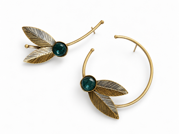 Asymmetrical Leaves Brass Earrings with Agate New