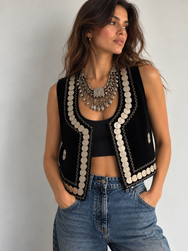 Black Velvet Vest with Pahlavi Coins