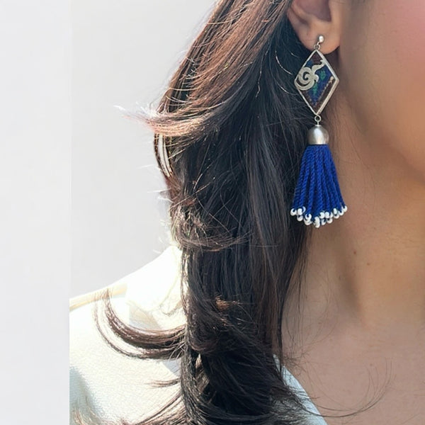 Kowli Silver Earrings with Blue Tassel